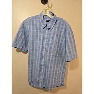 IZOD Men's L Short Sleeve Button Down Shirt Blue‎ Plaid Casual Cotton